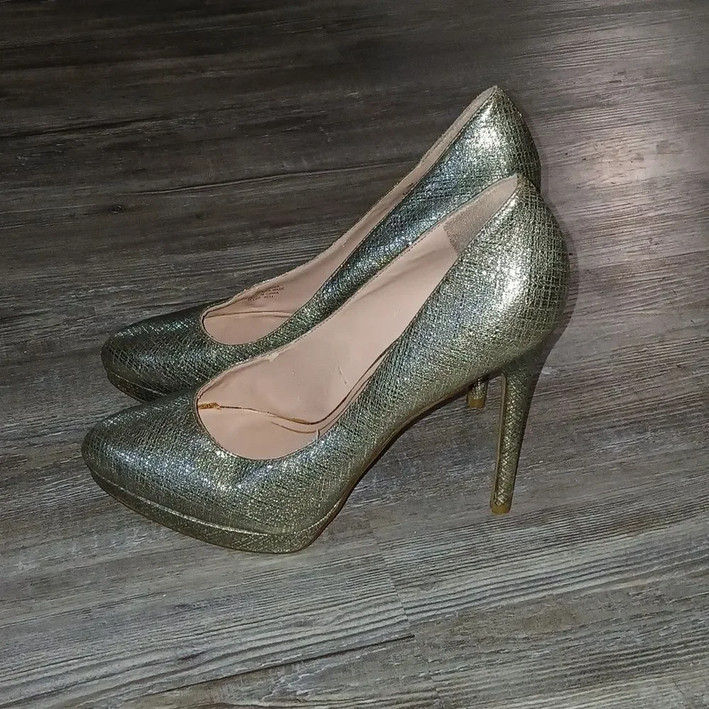 Enzo Angiolini Easamendra leather gold silver sparkle platforms Sz 10